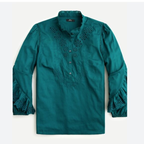 J Crew Ruffle-sleeve Blouse/Shirt/Top with Embroidered Eyelet Forest Green Small - Picture 1 of 8